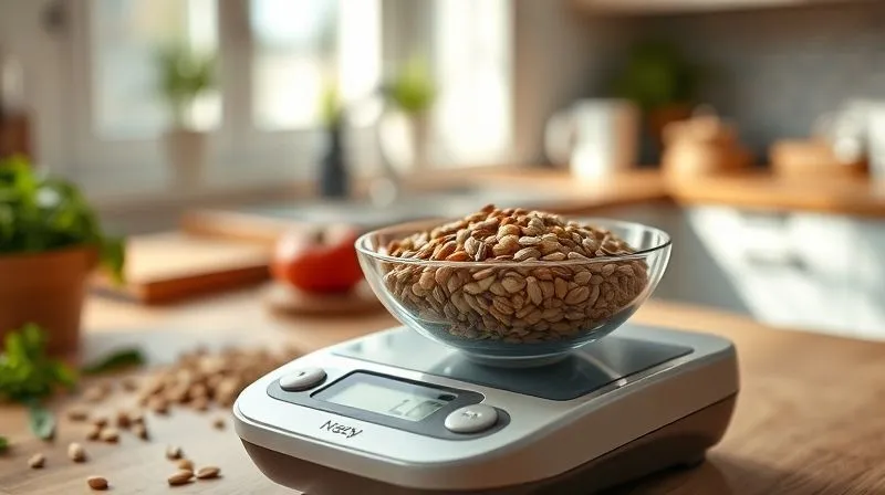 Photorealistic, professional photography, 8K, cinematic lighting, sharp focus, depth of field, shot on a high-end DSLR. A close-up of a kitchen scale weighing a portion of mixed seeds, with a blurred background of a healthy kitchen counter, emphasizing precision and portion control, with a gentle morning light.