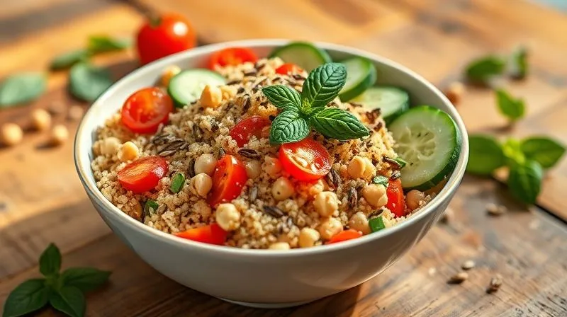 Photorealistic, professional photography, 8K, cinematic lighting, sharp focus, depth of field, shot on a high-end DSLR. A vibrant, colorful salad bowl featuring quinoa, chickpeas, cherry tomatoes, cucumber, fresh mint, and a sprinkle of mixed seeds (sunflower, pumpkin, chia), beautifully arranged on a wooden table with natural light, emphasizing freshness and health.