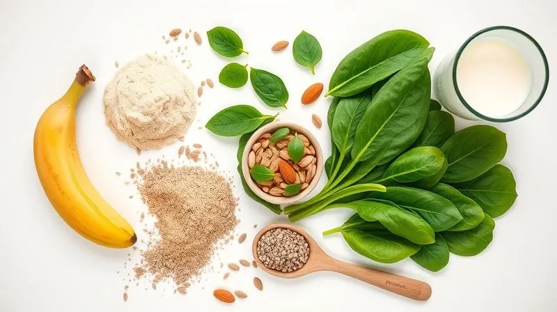Photorealistic, professional photography, 8K, cinematic lighting, sharp focus, depth of field, shot on a high-end DSLR – A visually appealing flat lay of various smoothie ingredients laid out on a clean white surface: half a banana, a scoop of protein powder, a handful of fresh spinach, a small bowl of chia seeds, a spoonful of natural almond butter, and a glass of unsweetened almond milk. Each ingredient is perfectly lit and sharply focused, demonstrating balance and healthy choices.