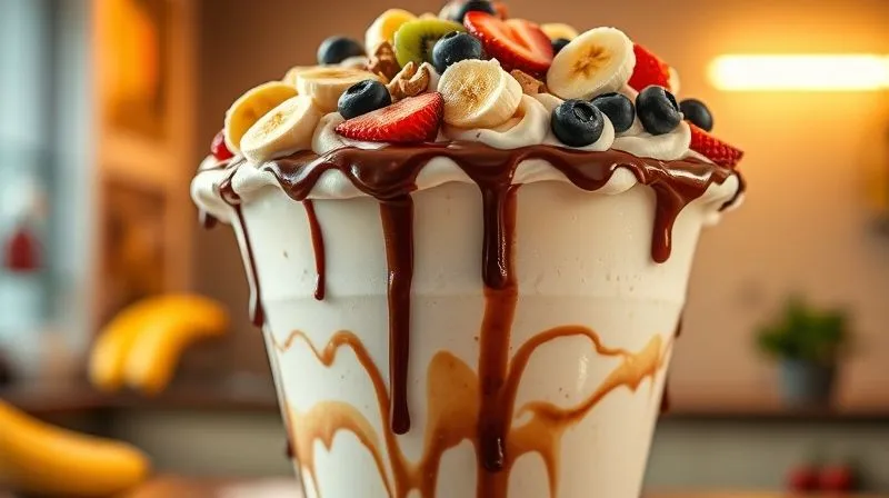 Photorealistic, professional photography, 8K, cinematic lighting, sharp focus, depth of field, shot on a high-end DSLR – An overflowing, excessively large banana smoothie in a novelty glass, with visible layers of whipped cream, chocolate syrup, and multiple whole bananas and other fruits on top, creating a visually indulgent but unhealthy impression. The background is slightly blurred, emphasizing the overwhelming size and unhealthiness of the drink. The lighting should highlight the excessive sweetness and calories, conveying a sense of 'too much'.