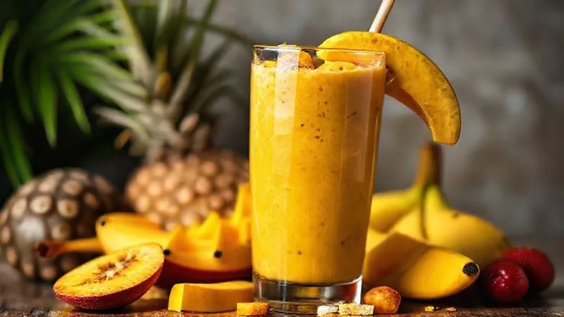 A photorealistic image of a visually appealing, but overly sweet and unbalanced smoothie overflowing with ripe tropical fruits like mango and banana, looking tempting but hinting at hidden calories. The glass is slightly tilted, suggesting instability or imbalance. Cinematic lighting, sharp focus on the smoothie, 8K hyper-detailed, shot on a high-end DSLR.