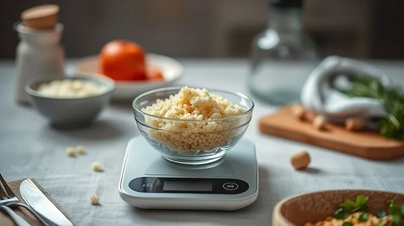 A photorealistic, professional photography image of a small, perfectly measured portion of dry couscous in a delicate bowl on a digital kitchen scale, surrounded by a subtle, healthy dinner setting. Cinematic lighting, sharp focus on the couscous and scale, depth of field blurring the background. 8K hyper-detailed, shot on a high-end DSLR.