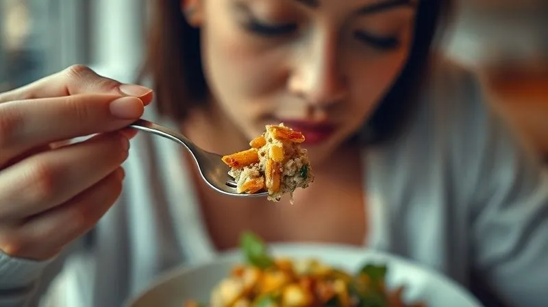 A photorealistic, professional photography shot of a person gently holding a fork with a small portion of a healthy meal, eyes closed slightly in concentration, focusing on the taste and texture. Soft, warm cinematic lighting, sharp focus on the fork and mouth area, depth of field blurring a minimalist, serene dining background. 8K hyper-detailed, shot on a high-end DSLR, conveying peace and mindfulness.