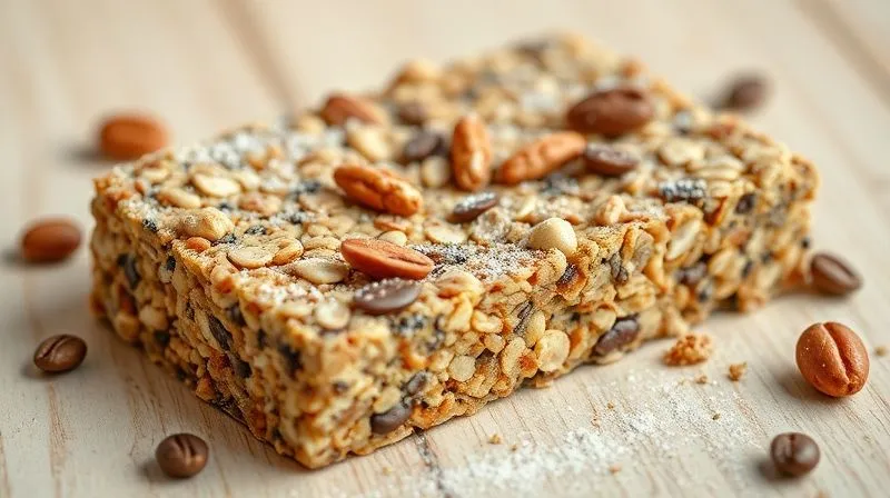 Photorealistic close-up of a homemade protein muesli bar, rich in texture with visible chunks of nuts, seeds, and a dusting of protein powder, on a light wooden background. Sharp focus, cinematic lighting, 8K hyper-detailed, professional photography, depth of field, shot on a high-end DSLR, emphasizing healthy ingredients.