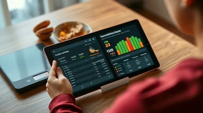 Photorealistic image of a person tracking their food intake on a tablet, with a homemade muesli bar and a digital kitchen scale on the table beside them. The screen shows a macronutrient breakdown. The scene is well-lit, professional photography, 8K, cinematic lighting, sharp focus on the tablet and food, depth of field, shot on a high-end DSLR, conveying precision and modern health management.