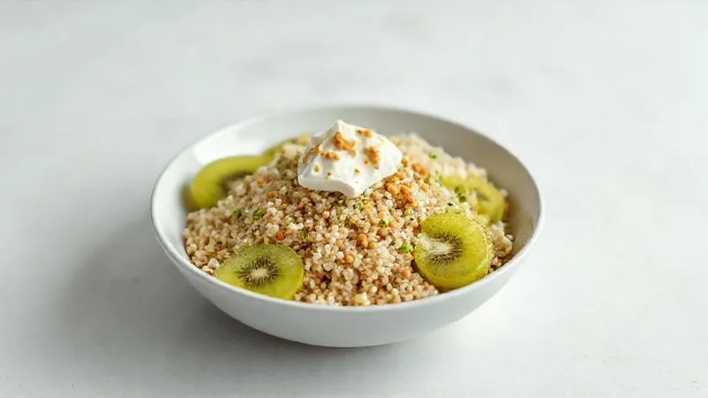 Photorealistic, professional photography of a beautifully plated bowl of quinoa with sliced kiwi, a dollop of creamy cottage cheese, and a drizzle of natural peanut butter. The dish is presented on a minimalist white plate against a light, airy background, emphasizing freshness and healthy eating. 8K, cinematic lighting, sharp focus on the food, depth of field blurring the background, shot on a high-end DSLR.