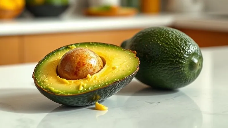 Photorealistic image of a sliced avocado, half of it mashed into a creamy paste, next to a whole avocado, on a clean, bright kitchen counter. The light emphasizes the healthy fats and vibrant green color. professional photography, 8K, cinematic lighting, sharp focus, depth of field, shot on a high-end DSLR.