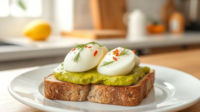 A beautifully styled, photorealistic breakfast plate featuring a slice of toasted whole-grain bread topped with a vibrant green avocado paste, perfectly poached eggs, and a sprinkle of fresh dill and chili flakes. The background is a soft-focus kitchen counter with natural light. professional photography, 8K, cinematic lighting, sharp focus, depth of field, shot on a high-end DSLR.