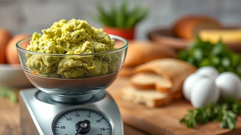 A close-up, photorealistic image of a kitchen scale with a bowl of mashed avocado on it, displaying a precise weight. In the background, out of focus, are various fresh ingredients like eggs, whole-grain bread, and herbs, symbolizing conscious portion control. professional photography, 8K, cinematic lighting, sharp focus, depth of field, shot on a high-end DSLR.