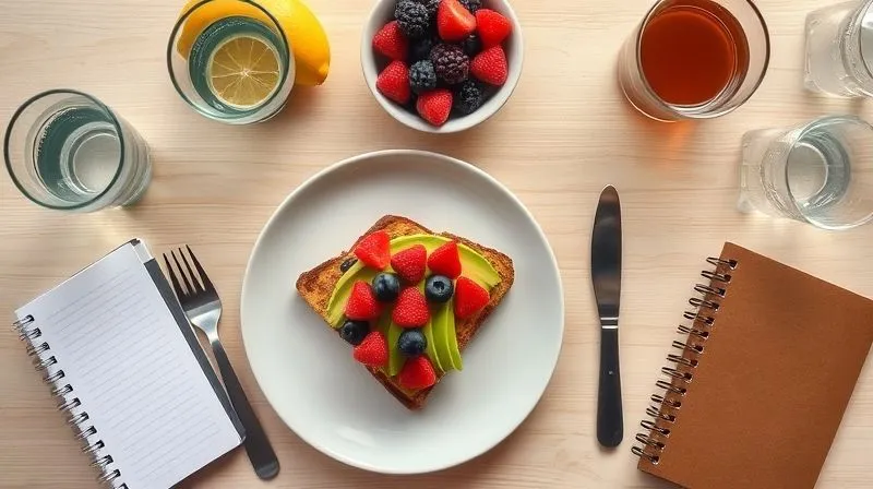 A top-down, photorealistic image of a healthy, colorful breakfast spread on a light wooden table. It features a plate with balanced avocado toast, a bowl of fresh berries, a glass of water, and a neatly organized meal planner notebook. The scene evokes feelings of health, planning, and success. professional photography, 8K, cinematic lighting, sharp focus, depth of field, shot on a high-end DSLR.