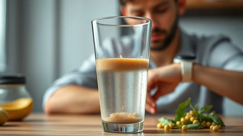 Photorealistic, professional photography, 8K, cinematic lighting, sharp focus, depth of field, shot on a high-end DSLR. A half-empty, unappetizing smoothie glass, looking thin and watery, with minimal ingredients visible. In the background, a person looking frustrated, checking their watch, symbolizing hunger returning quickly after an unbalanced meal.
