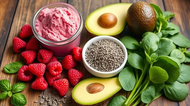 Photorealistic, professional photography, 8K, cinematic lighting, sharp focus, depth of field, shot on a high-end DSLR. A vibrant flat lay of various smoothie ingredients: a scoop of protein powder, a handful of fresh raspberries, a small bowl of chia seeds, a slice of avocado, and a handful of spinach. All ingredients are beautifully arranged on a rustic wooden table, bathed in soft, natural light, emphasizing freshness and nutritional balance.