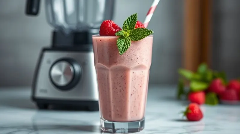 Photorealistic, professional photography, 8K, cinematic lighting, sharp focus, depth of field, shot on a high-end DSLR. A perfectly blended, thick raspberry smoothie in a clear, tall glass, garnished with fresh raspberries and a mint leaf. The smoothie has a creamy texture, and the light reflects beautifully off the glass, with a subtle steam effect suggesting it's cold and refreshing. A blender is visible in the soft background, implying preparation.