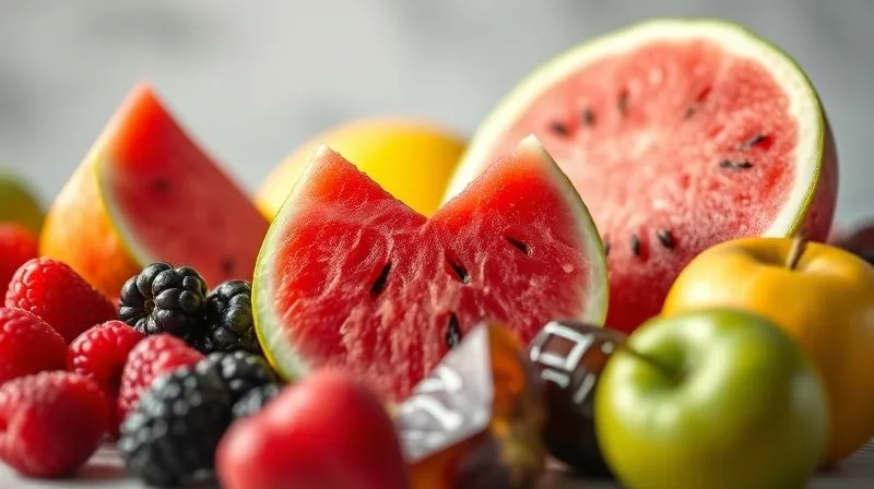 Photorealistic, professional photography, 8K, cinematic lighting, sharp focus, depth of field. A visually striking arrangement of fruits, some like berries and apples (low GI) in bright, fresh light, others like watermelon and dates (high GI) subtly shaded or less prominent, symbolizing mindful selection for weight loss.