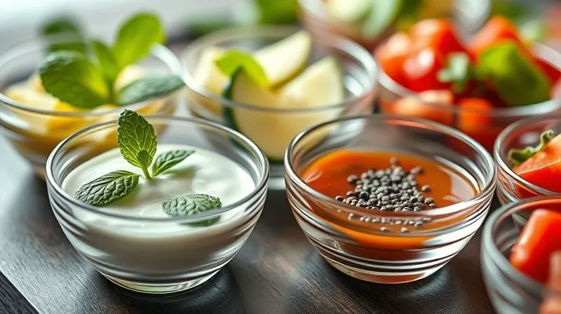 Photorealistic, professional photography, 8K, cinematic lighting, sharp focus, depth of field. A collection of small, elegant glass bowls containing various healthy fruit salad dressings: one with Greek yogurt and mint, another with lime and ginger, and a third with a sprinkle of chia seeds, all looking fresh and inviting.