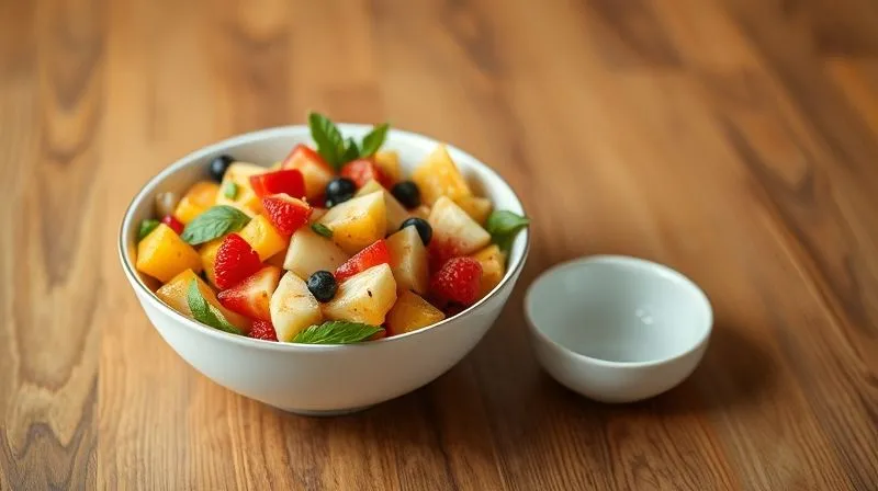 Photorealistic, professional photography, 8K, cinematic lighting, sharp focus, depth of field. A perfectly portioned, vibrant fruit salad in a stylish bowl on a clean wooden table, next to a small, empty bowl, illustrating the concept of mindful eating and appropriate serving size for weight loss.