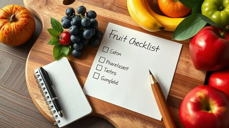 Photorealistic, professional photography, 8K, cinematic lighting, sharp focus, depth of field. A rustic wooden cutting board with a neatly written checklist (in elegant handwriting, no actual text rendered) for a balanced fruit salad, surrounded by fresh, colorful fruits and a small notebook, symbolizing preparation and healthy eating planning.