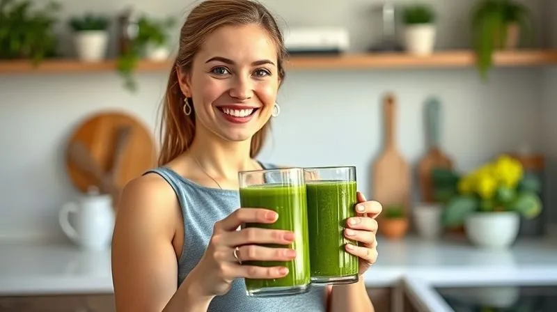 A photorealistic image of a healthy woman in her 30s, smiling confidently, holding a vibrant green smoothie in a modern kitchen. She looks energetic and satisfied. Cinematic lighting, sharp focus on her and the smoothie, depth of field blurring the background, 8K hyper-detailed, professional photography, shot on a high-end DSLR.