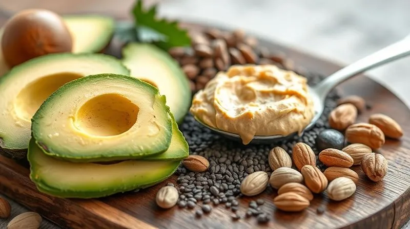 A photorealistic close-up of various healthy fats ingredients: creamy avocado slices, a spoon of natural peanut butter, chia seeds scattered, and a handful of mixed nuts. All arranged on a rustic wooden board, with soft, natural light. Sharp focus on textures, depth of field blurring the background, 8K hyper-detailed, professional photography, shot on a high-end DSLR.