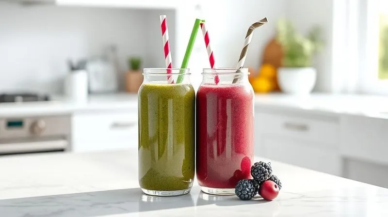 A photorealistic shot of two distinct, colorful smoothies on a white marble countertop. One is a vibrant green, the other a deep berry purple. Both in elegant glass jars with reusable straws. Soft, diffused natural light from a nearby window, creating gentle shadows. Sharp focus on the smoothies, depth of field blurring a minimalist kitchen background, 8K hyper-detailed, professional photography, shot on a high-end DSLR, evoking freshness and health.