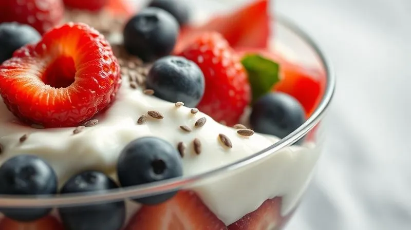 A close-up, photorealistic image of a perfectly balanced fruit bowl, showing distinct layers of Greek yogurt (protein), various berries (fiber), and a sprinkle of chia seeds (healthy fats). The textures are rich and inviting. cinematic lighting, sharp focus, 8K, depth of field, shot on a high-end DSLR.