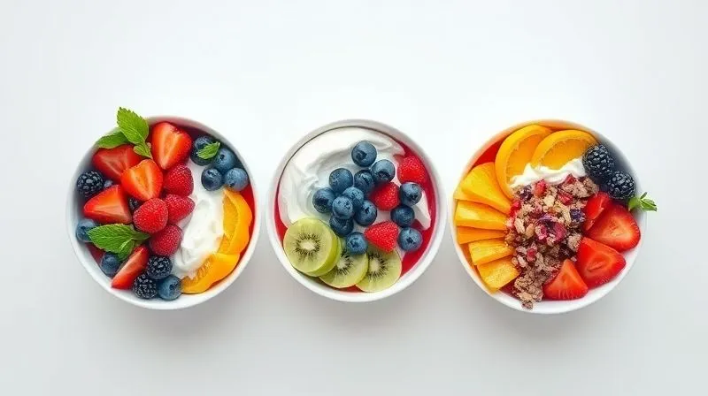 A top-down, artistic photorealistic shot of three distinct, vibrant fruit bowls arranged on a clean, minimalist white surface. Each bowl is unique in color and texture, showcasing different combinations of fruits, yogurts, and toppings. Soft, diffused natural light highlights the freshness. professional photography, 8K, cinematic lighting, sharp focus, depth of field, shot on a high-end DSLR.