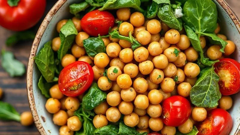 A vibrant, photorealistic overhead shot of a perfectly roasted chickpea salad bowl, with golden-brown chickpeas, fresh green spinach, bright red cherry tomatoes, and a light lemon-herb dressing. The focus is sharp on the texture of the chickpeas, with a soft depth of field. Cinematic lighting, professional photography, 8K hyper-detailed, shot on a high-end DSLR.
