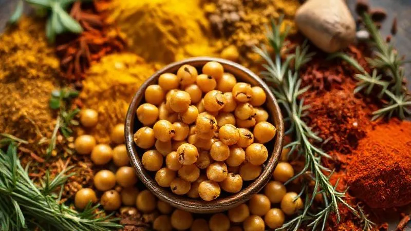 A close-up, photorealistic image of various vibrant spices and fresh herbs (cumin, turmeric, chili flakes, fresh rosemary, thyme) neatly arranged around a small bowl of crispy roasted chickpeas. The lighting is warm and cinematic, highlighting the textures and colors. Sharp focus on the spices in the foreground, with a gentle depth of field. Professional photography, 8K hyper-detailed, shot on a high-end DSLR.