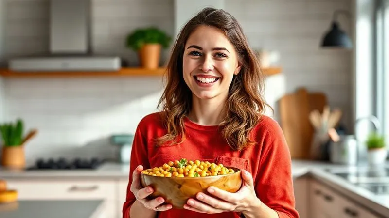 A photorealistic image of a happy, energetic woman in her early 30s, smiling and holding a bowl of healthy, vibrant food (similar to the chickpea dish described). She is standing in a modern, bright kitchen with natural light. The image conveys health, vitality, and satisfaction. Cinematic lighting, sharp focus, depth of field, 8K hyper-detailed, professional photography, shot on a high-end DSLR.