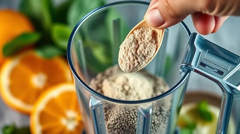 A close-up, photorealistic image of a hand adding a scoop of protein powder into a blender with oranges, spinach, and chia seeds, creating a dynamic motion blur, with cinematic lighting and sharp focus on the ingredients. 8K, professional photography, depth of field, shot on a high-end DSLR.