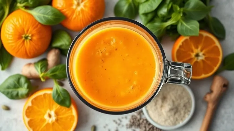 A photorealistic, top-down shot of a blender filled with a vibrant orange smoothie, surrounded by its fresh ingredients: oranges, spinach, ginger, chia seeds, and protein powder. The composition is clean and inviting, with natural light. 8K, professional food photography, sharp focus, depth of field, shot on a high-end DSLR.