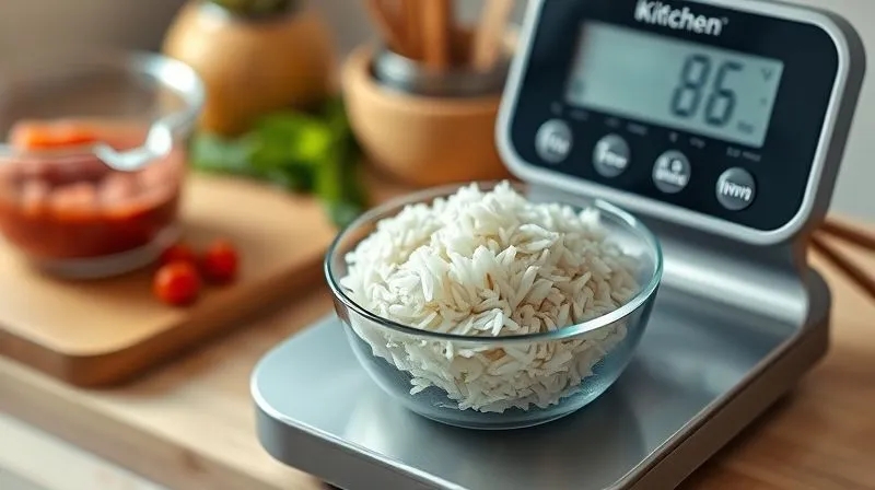 A close-up, photorealistic image of a digital kitchen scale weighing a small, precisely measured portion of cooked jasmine rice in a bowl, with a measuring cup and healthy ingredients blurred in the background. Professional photography, 8K, cinematic lighting, sharp focus, depth of field, shot on a high-end DSLR.