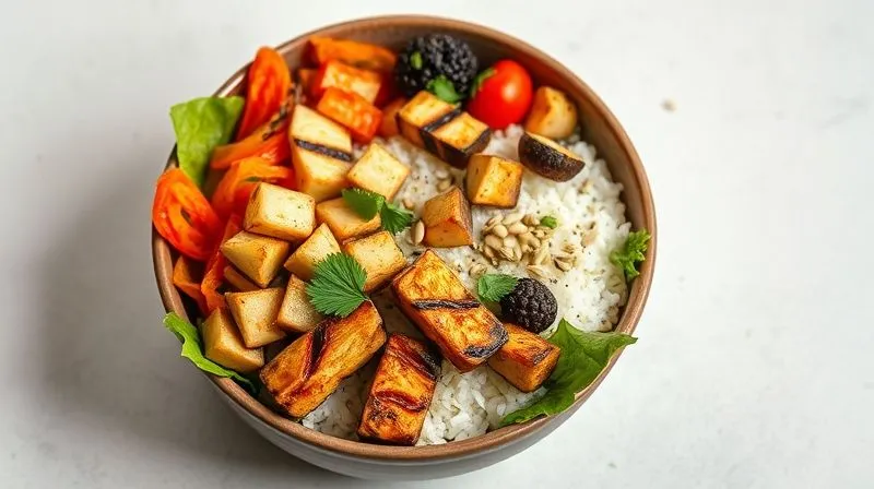 A vibrant, photorealistic image of a healthy, gluten-free "Buddha bowl" featuring jasmine rice, colorful roasted vegetables, grilled tofu/chicken, and a sprinkle of seeds, artfully arranged in a ceramic bowl on a light background. Professional photography, 8K, cinematic lighting, sharp focus, depth of field, shot on a high-end DSLR.