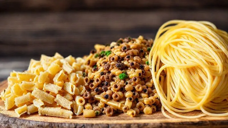 A close-up, photorealistic image of various types of pasta: whole-wheat penne, lentil fusilli, and regular white spaghetti, arranged side-by-side on a rustic wooden board, with nutritional labels subtly visible in the background. Cinematic lighting, sharp focus on the textures, depth of field, 8K, shot on a high-end DSLR.