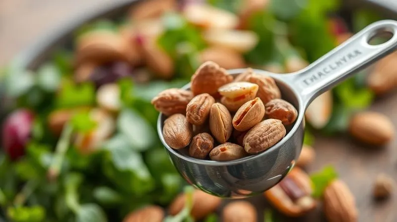 Photorealistic image of a small, perfectly measured portion of mixed nuts (almonds, walnuts, pecans) in a small bowl next to a measuring spoon, with a blurred background of fresh green salad ingredients, cinematic lighting, sharp focus, depth of field, 8K, shot on a high-end DSLR.