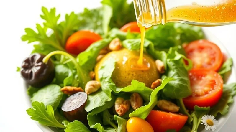 Photorealistic image of a vibrant, fresh salad with green leaves, colorful vegetables, and a small, controlled portion of nuts, with a light, homemade vinaigrette dressing being drizzled on top from a glass bottle. The background is bright and clean, emphasizing health and freshness. Professional photography, 8K, cinematic lighting, sharp focus, depth of field, shot on a high-end DSLR.