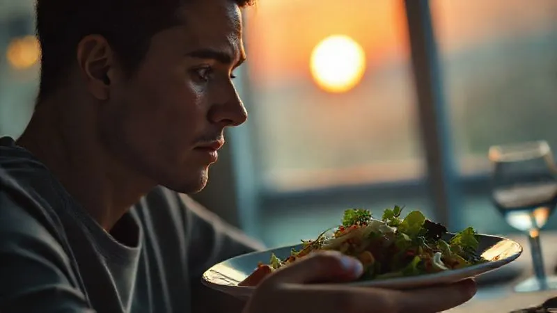 photorealistic, professional photography, 8K, cinematic lighting, sharp focus, depth of field, shot on a high-end DSLR, a person looking thoughtfully at a light, healthy dinner plate, with a subtle glow of a setting sun in the background, symbolizing healthy choices and evening tranquility.