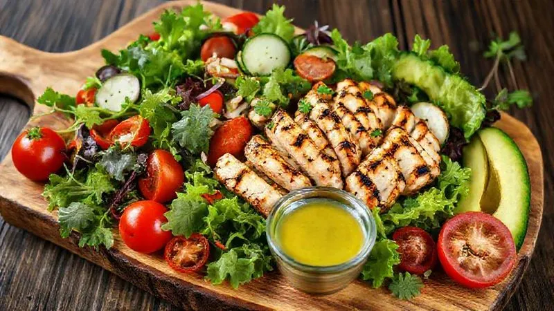 photorealistic, professional photography, 8K, cinematic lighting, sharp focus, depth of field, shot on a high-end DSLR, a vibrant, colorful array of fresh salad ingredients meticulously arranged on a rustic wooden board, including arugula, cherry tomatoes, cucumber, grilled chicken strips, avocado slices, and a small bowl of light vinaigrette, emphasizing freshness and healthy choices.