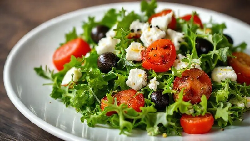 photorealistic, professional photography, 8K, cinematic lighting, sharp focus, depth of field, shot on a high-end DSLR, a vibrant Mediterranean-style arugula salad with light feta, cherry tomatoes, cucumber, olives, and a drizzle of lemon-olive oil dressing, presented on a minimalist white plate.