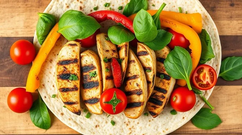 A vibrant, photorealistic overhead shot of a deconstructed healthy whole-grain tortilla filling, featuring grilled chicken breast strips, colorful bell peppers, cherry tomatoes, fresh spinach, and a sprinkle of fresh herbs. All ingredients are artfully arranged on a rustic wooden board, with soft, natural light, sharp focus, and a shallow depth of field. 8K hyper-detailed, professional food photography, shot on a high-end DSLR.