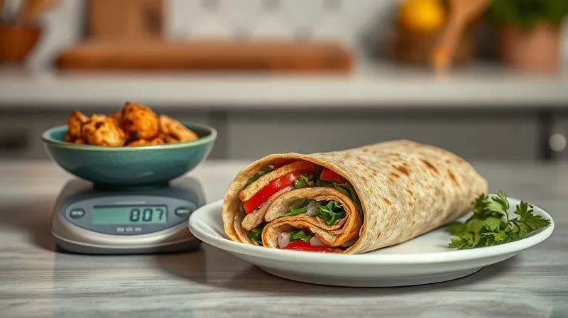 A professional, photorealistic close-up shot of a single, perfectly portioned whole-grain tortilla wrap on a plate, next to a small digital kitchen scale showing a controlled portion of grilled chicken. The scene is well-lit with cinematic lighting, sharp focus on the tortilla and scale, and a blurred background of a healthy kitchen. 8K hyper-detailed, shot on a high-end DSLR, emphasizing portion control and mindful eating.