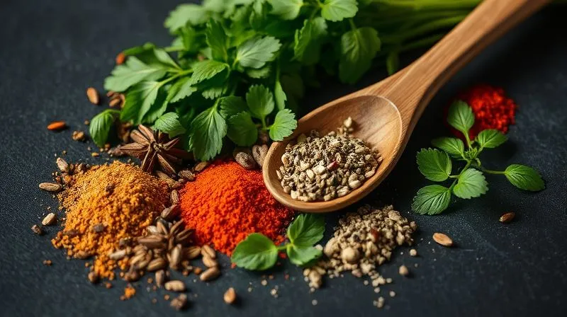 A close-up, photorealistic shot of various fresh herbs and vibrant spices artfully arranged on a dark, textured surface, next to a small wooden spoon. The lighting is dramatic and cinematic, highlighting the textures and colors of the ingredients. Sharp focus on the herbs and spices, with a shallow depth of field. 8K hyper-detailed, professional food photography, shot on a high-end DSLR, emphasizing flavor enhancement.