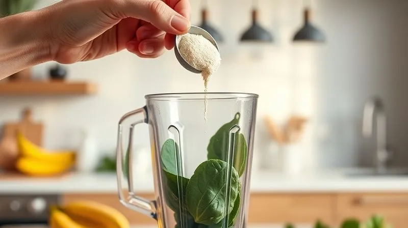 Photorealistic, professional photography, 8K, cinematic lighting, sharp focus, depth of field, shot on a high-end DSLR. A close-up of a hand adding a scoop of protein powder into a blender with bananas and spinach. The background is a clean, modern kitchen with soft morning light.