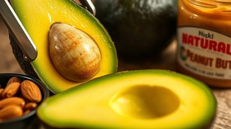 Photorealistic, professional photography, 8K, cinematic lighting, sharp focus, depth of field, shot on a high-end DSLR. A close-up of a perfectly ripe avocado being sliced, revealing its creamy green flesh and pit, next to a bowl of almonds and a jar of natural peanut butter. The lighting is warm and inviting.