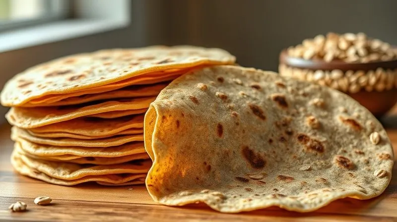 Photorealistic image of a stack of whole-wheat tortillas next to a single, unfolded tortilla, showcasing its texture. In the background, a small bowl of whole grains (like oats or wheat berries) is visible, with soft, natural light illuminating the scene. Professional photography, 8K, cinematic lighting, sharp focus, depth of field, shot on a high-end DSLR.