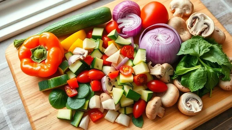 Photorealistic, vibrant image of a colorful medley of fresh, chopped vegetables (bell peppers, zucchini, red onion, spinach, cherry tomatoes, mushrooms) arranged artfully on a light wooden cutting board. The vegetables are glistening slightly, suggesting freshness and readiness for cooking. Soft, natural light from a window illuminates the scene. Professional photography, 8K, cinematic lighting, sharp focus, depth of field, shot on a high-end DSLR.