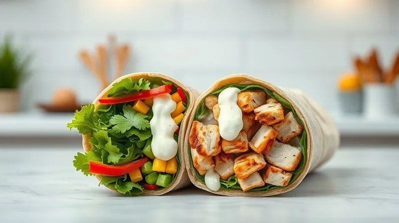 Photorealistic, top-down view of a perfectly portioned and rolled whole-wheat tortilla wrap, revealing its colorful and balanced filling. One half shows a generous amount of green leafy vegetables and colorful bell peppers, while the other half clearly displays grilled chicken strips and a light, creamy, yogurt-based sauce. The background is a clean, minimalist kitchen counter with soft, even lighting. Professional photography, 8K, cinematic lighting, sharp focus, depth of field, shot on a high-end DSLR.