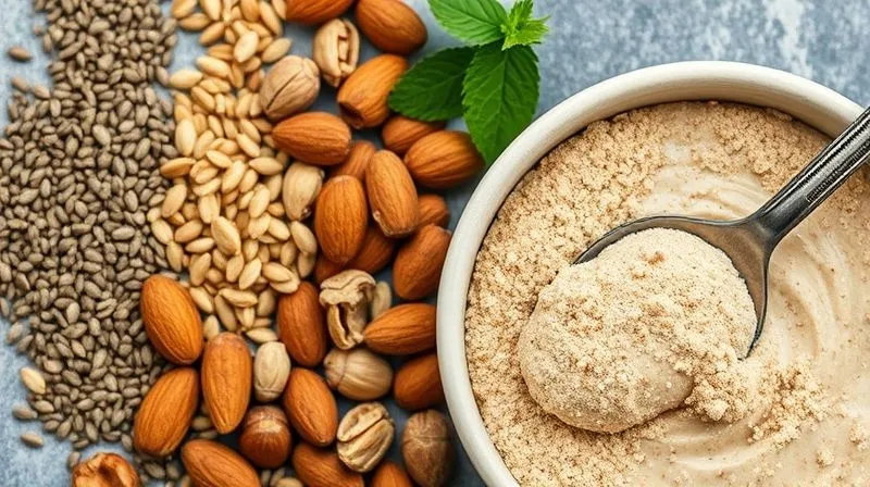 A photorealistic image of a variety of plant-based protein sources arranged aesthetically: chia seeds, hemp seeds, almonds, walnuts, pumpkin seeds, and a scoop of vegan protein powder next to a bowl of oatmeal. Cinematic lighting, sharp focus, 8K, shot on a high-end DSLR.