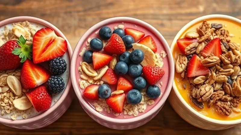 A photorealistic image of three different, vibrantly colored vegan oatmeal bowls, each distinctively topped with fresh fruits, nuts, and seeds, suggesting variety and health. One bowl could be berry-themed, another tropical, and a third nutty. Professional photography, 8K, cinematic lighting, sharp focus, depth of field.