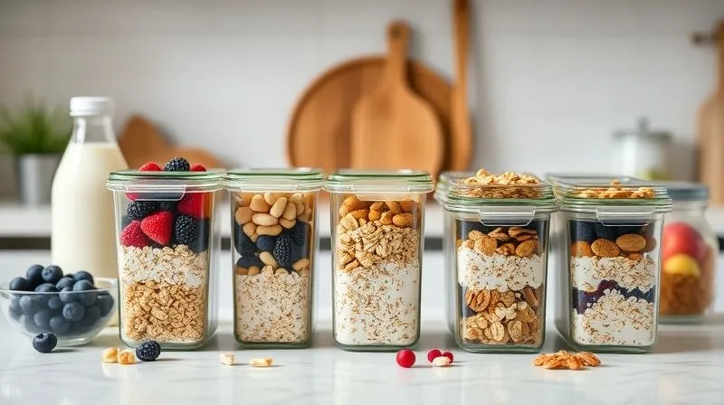A photorealistic image of a meticulously organized kitchen counter with glass meal prep containers filled with pre-portioned vegan oatmeal ingredients for the week. Fresh ingredients like berries, nuts, and plant milk bottles are neatly arranged. The scene conveys efficiency and healthy planning. Professional photography, 8K, cinematic lighting, sharp focus.